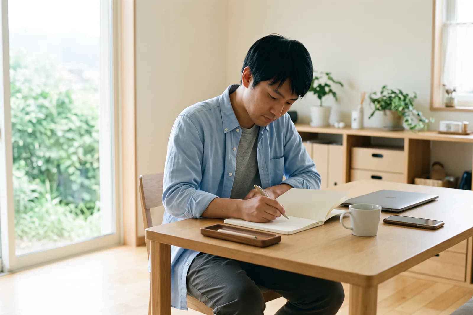 独立を考える会社員が、自宅の机で無地のノートを開いて開業の準備を進めている様子