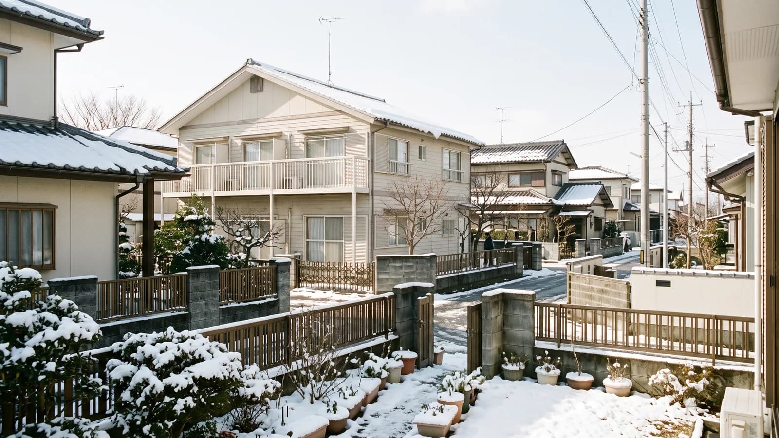 冬の午前、雪の残る木造2階建ての賃貸アパートの外観と、周りの静かな住宅街