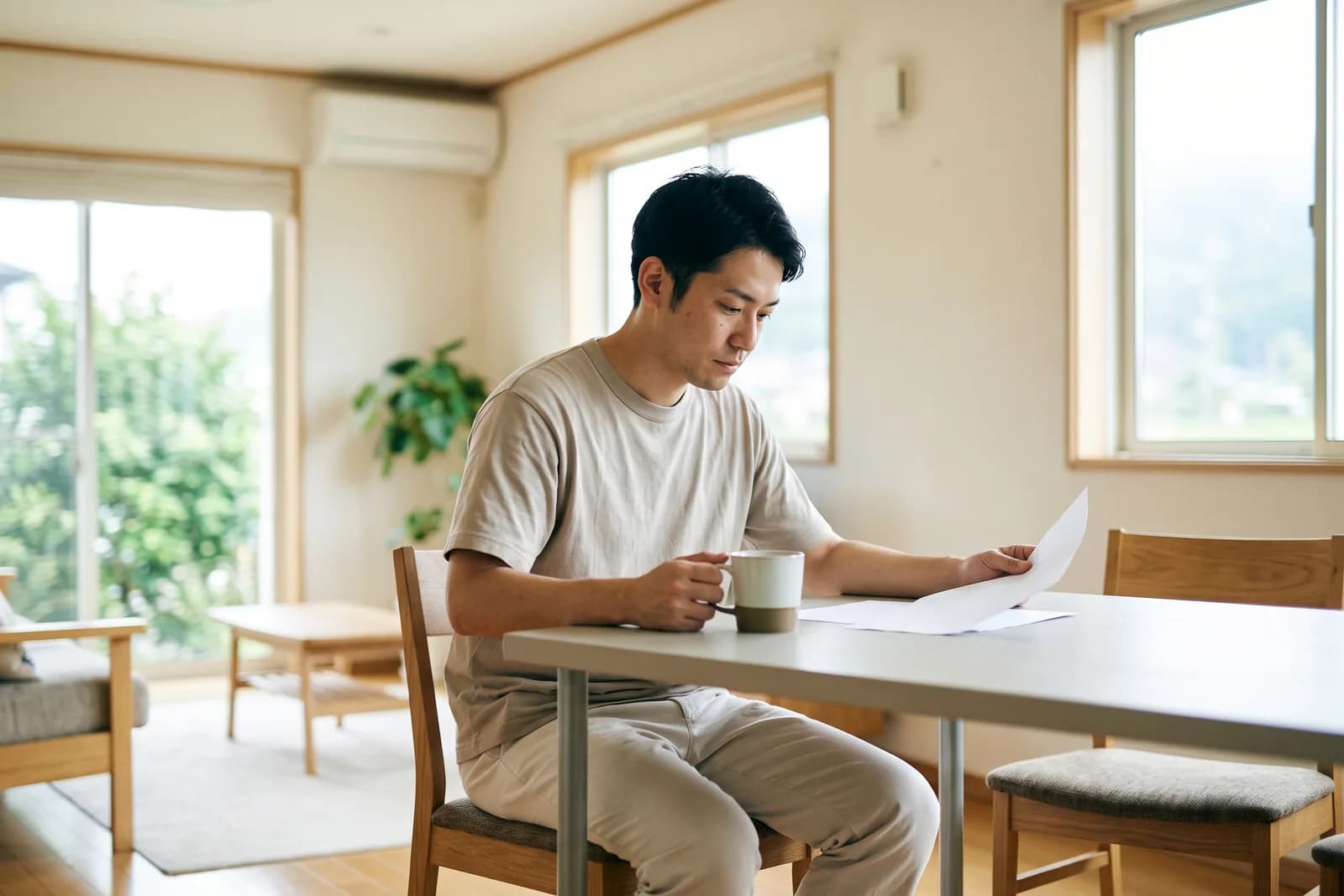 自宅のリビングでコーヒーを飲みながら開業の構想を練る会社員