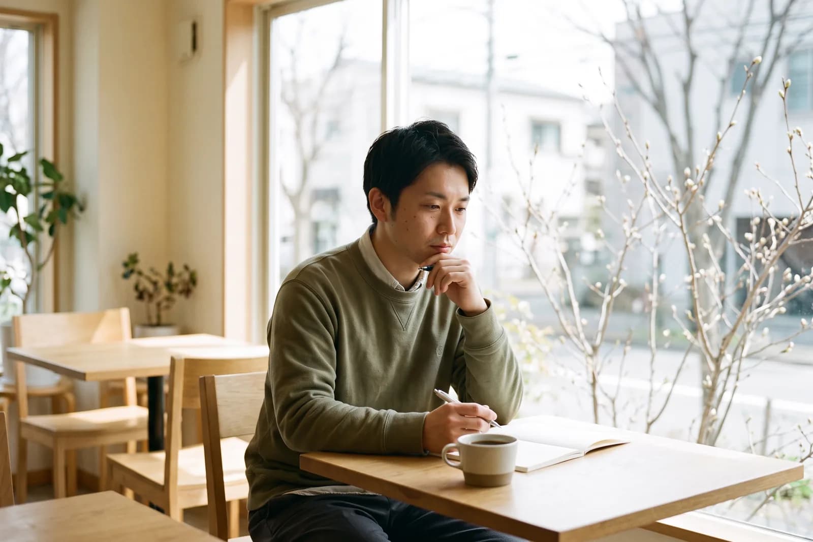独立を考える不動産会社員が、カフェの席でコーヒーカップを前に、開業の計画について考えている様子