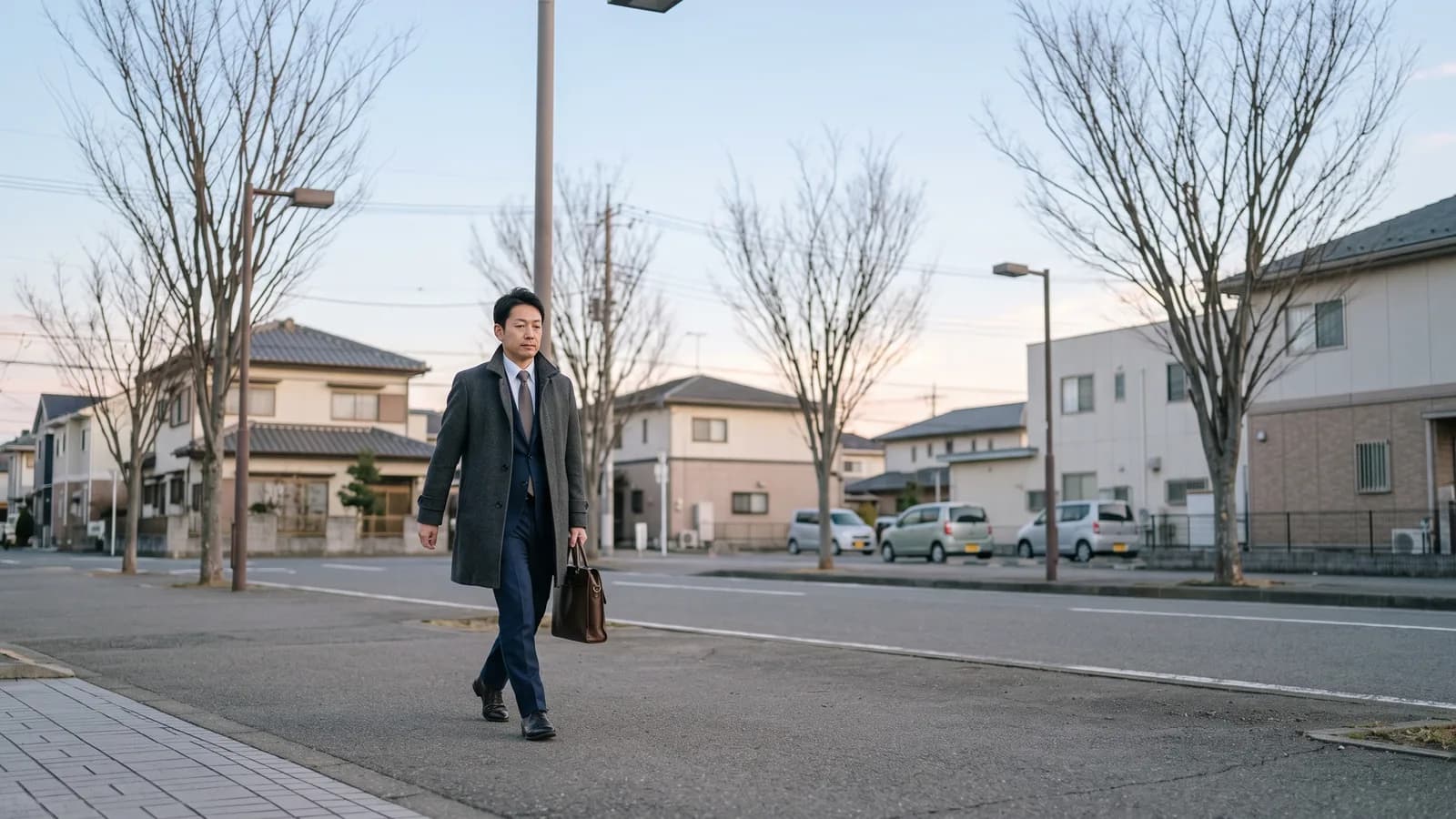 スーツ姿で通勤の途中に駅へ向かって歩く会社員