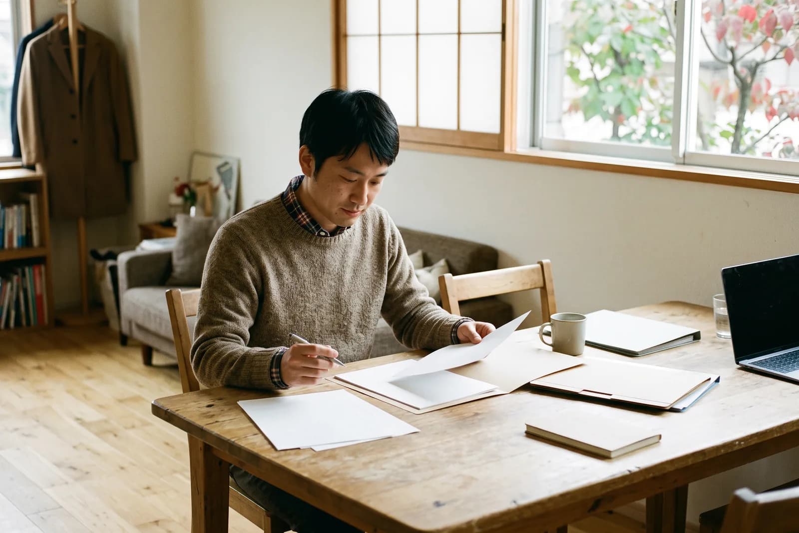 宅建の合格後に机で手続きの準備をしている会社員