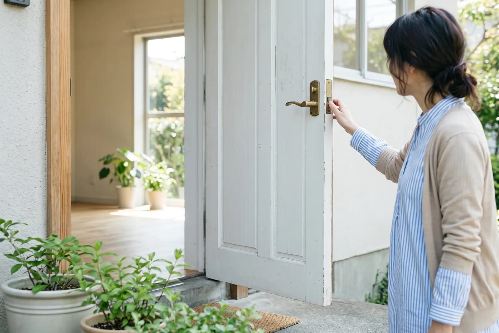 事務所として借りた部屋のドアノブに手をかける様子