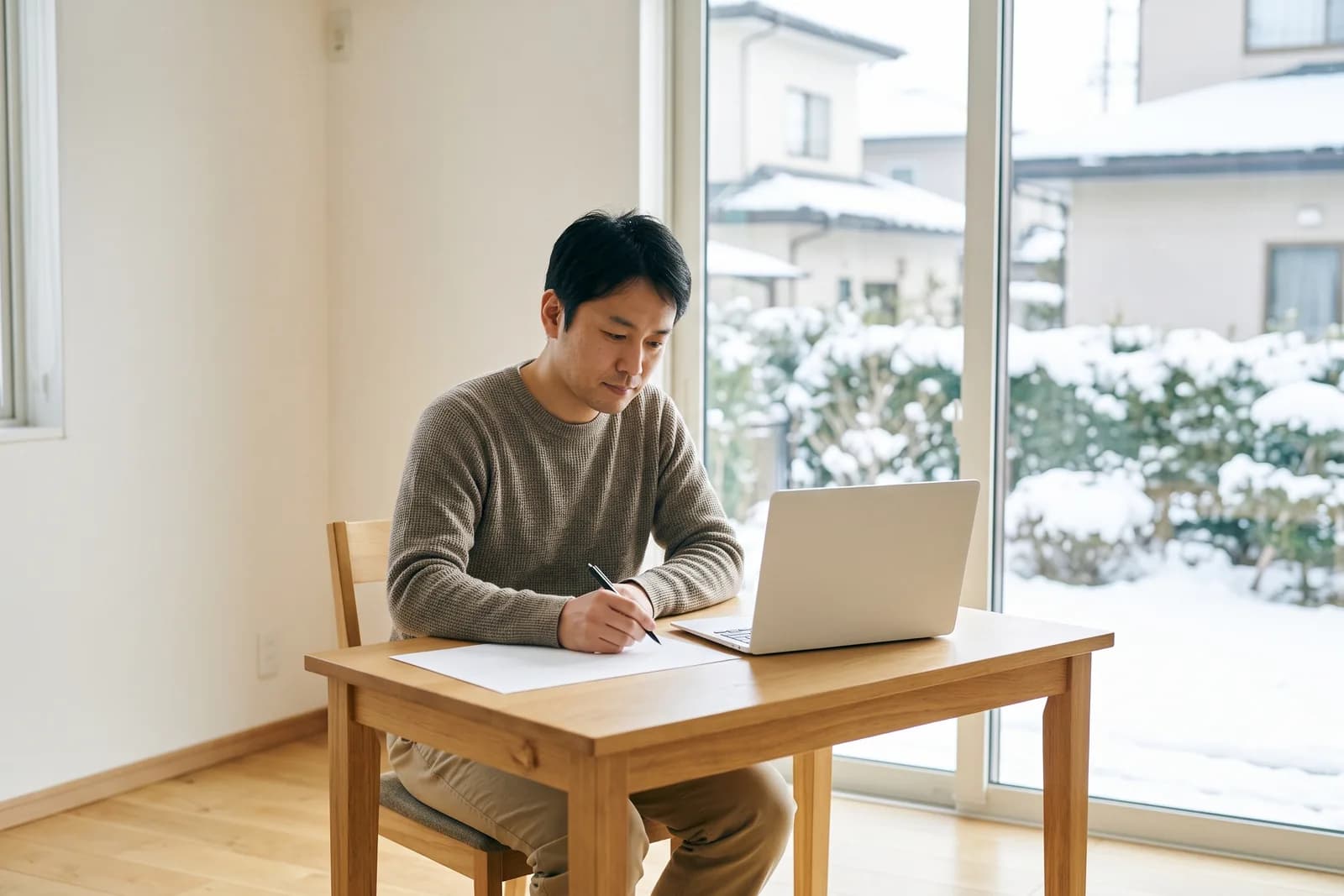 開業を考える会社員大家が、自宅の机に向かって作業している様子