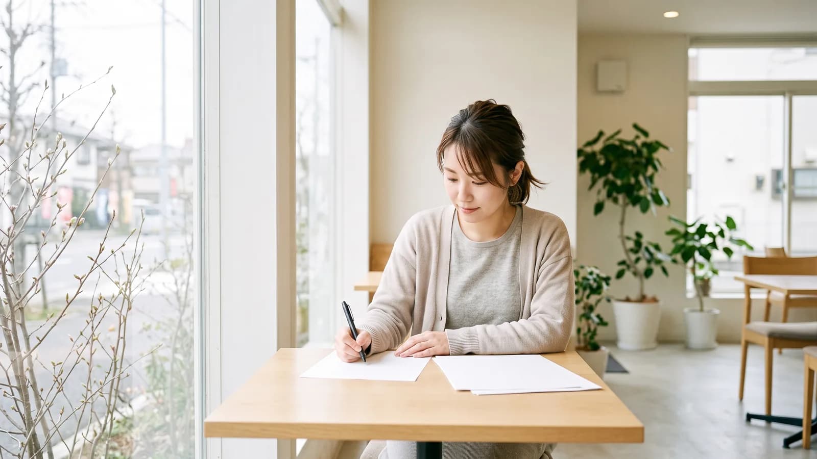 宅建の合格者が、カフェのテーブルで書類に向かってペンを走らせている様子