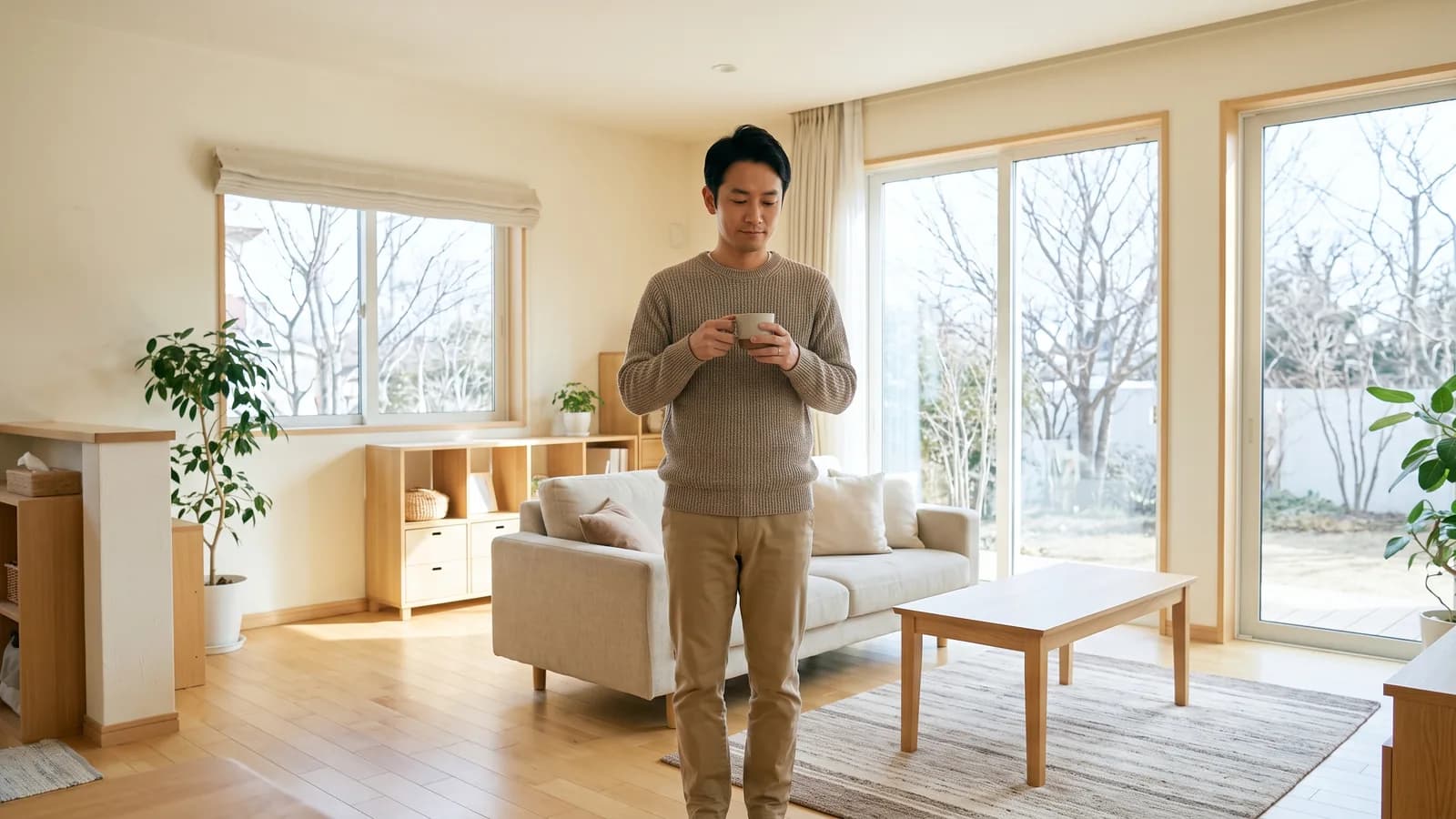 開業を考える会社員大家が、自宅の居間でコーヒーカップを手に持ち前を向いている様子