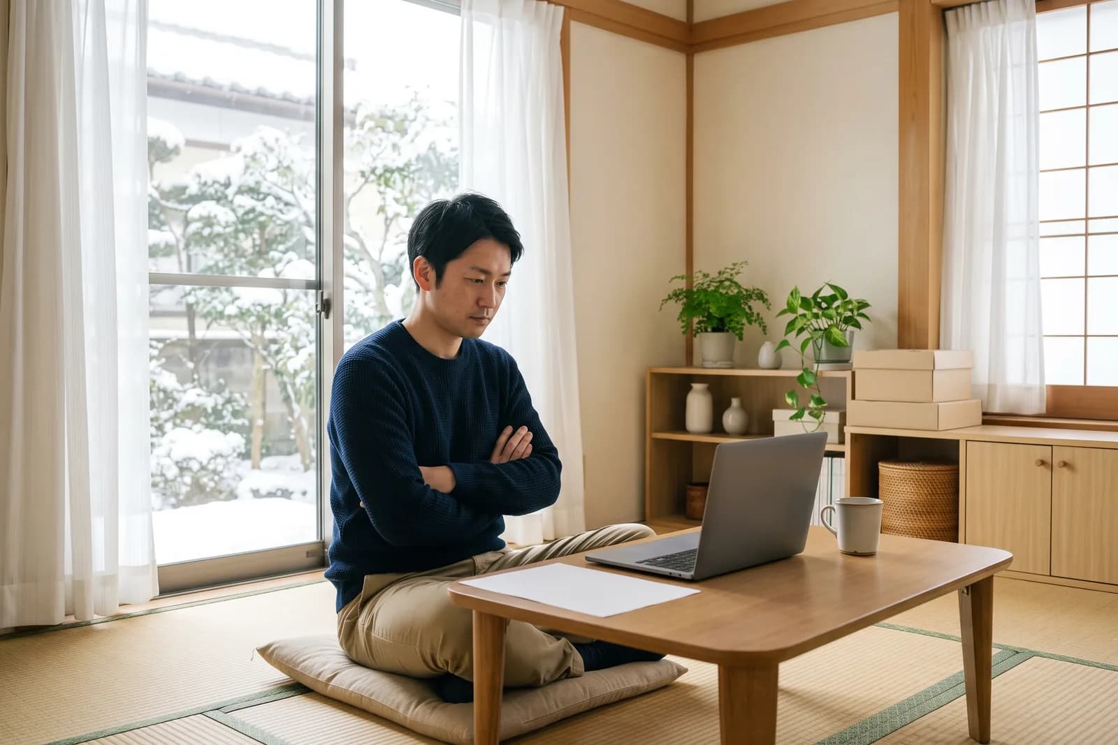 自宅の書斎で、今後の事業展開について考えながら腕を組んでいる会社員大家の様子