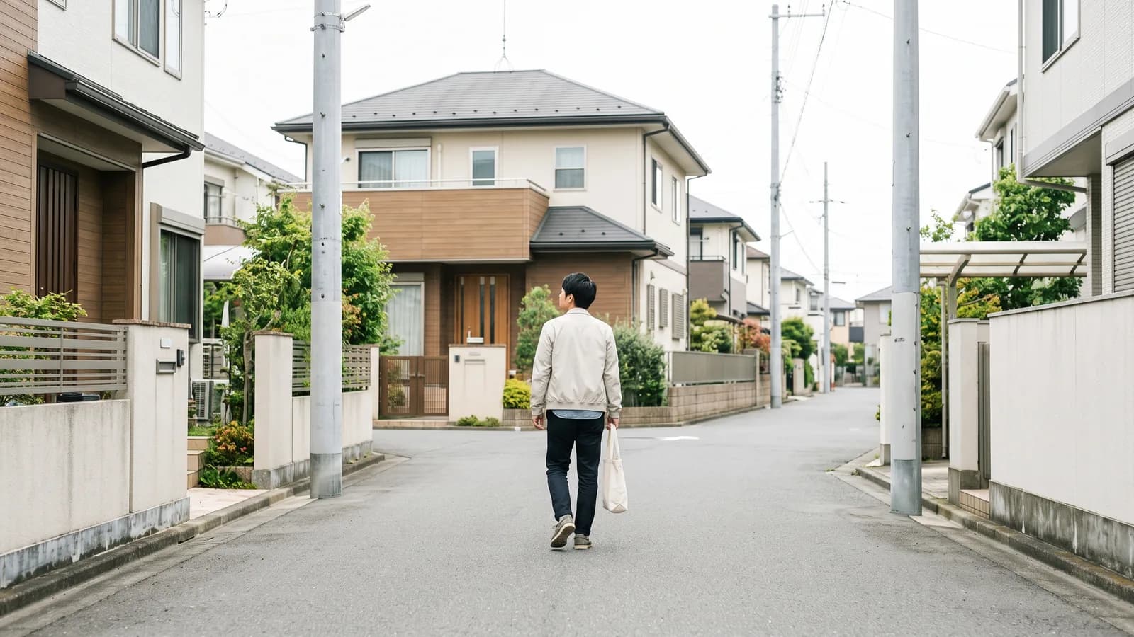 休日の住宅街を歩きながら、購入候補の物件周辺の環境を確かめている会社員大家の後ろ姿