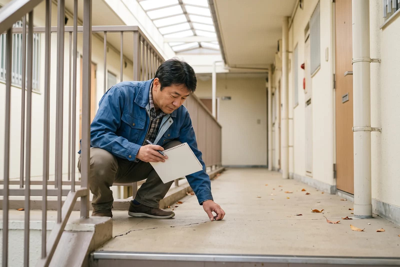 賃貸アパートの共用廊下で、修繕が必要な箇所がないか設備を点検している大家の様子