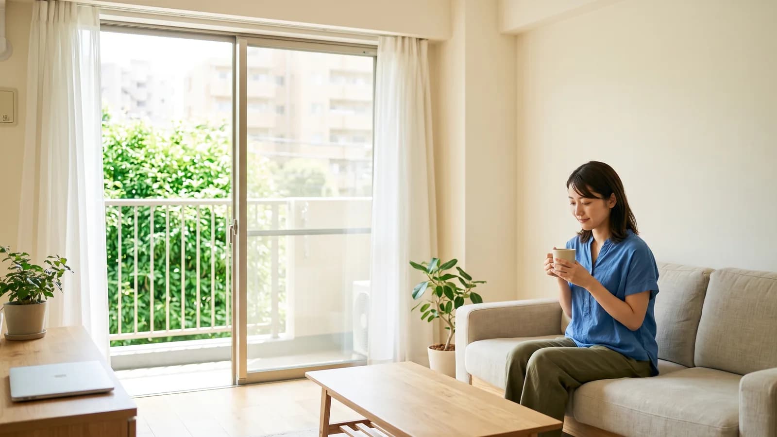 リビングのソファに座り、宅建に合格した会社員がマグカップを両手で包み込むように持っている様子