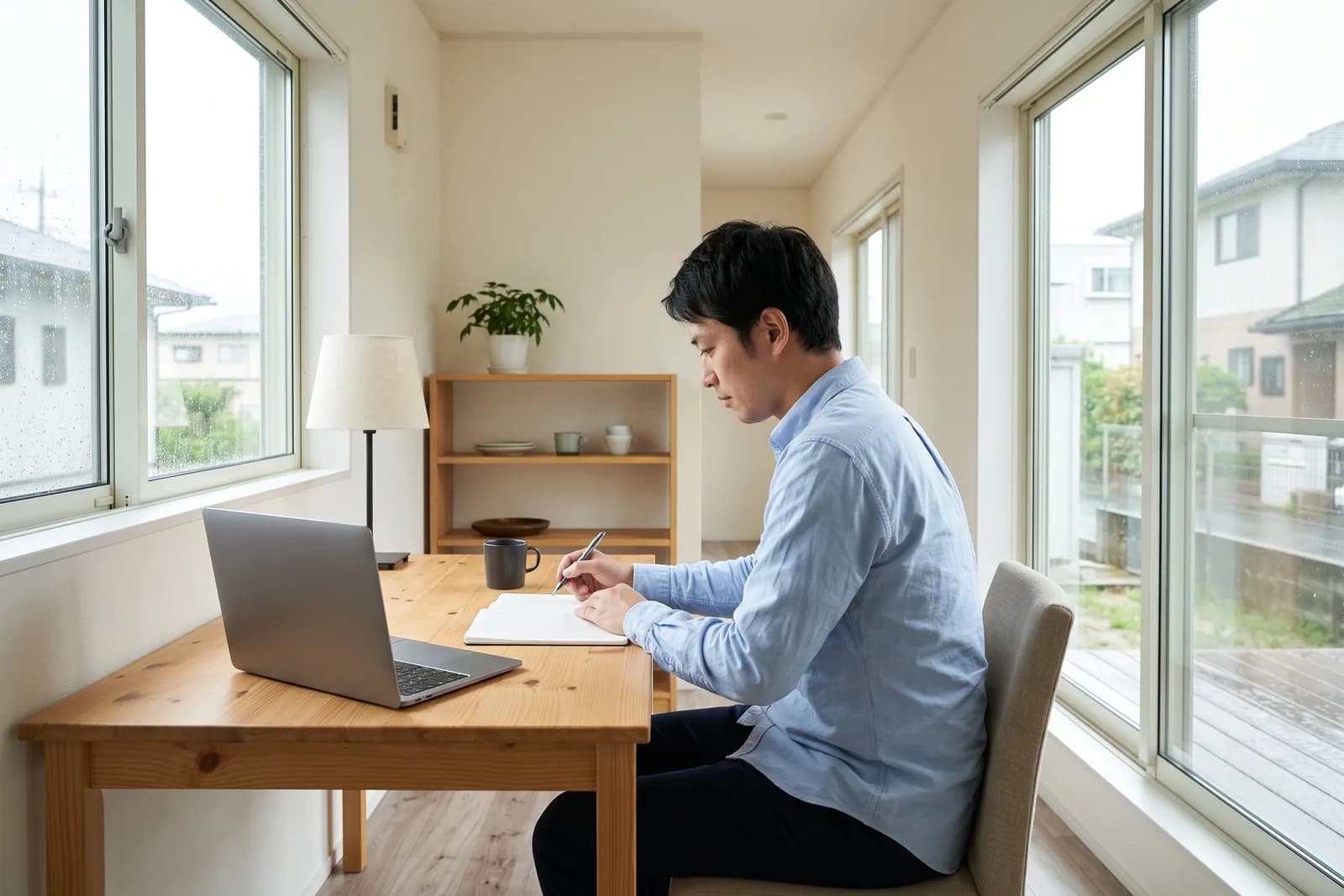 独立開業を考える会社員が、自宅の机に向かって座っている後ろ姿