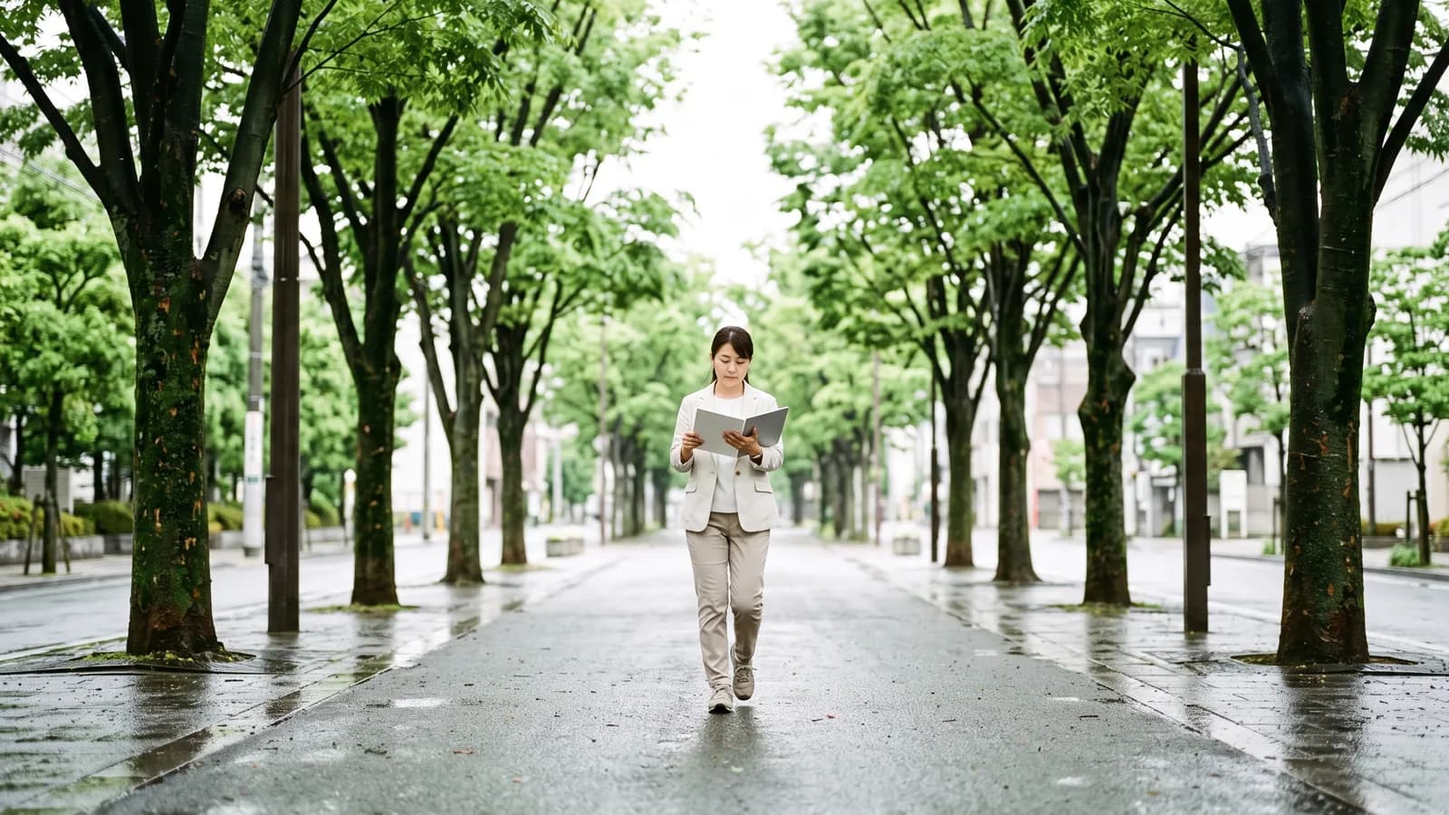 宅建の受験生が、通勤途中の並木道を歩いている様子