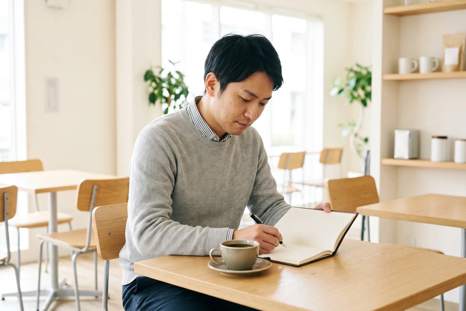 宅建に合格した会社員が、カフェのテーブルでコーヒーカップを前にして開業の計画を練っている様子