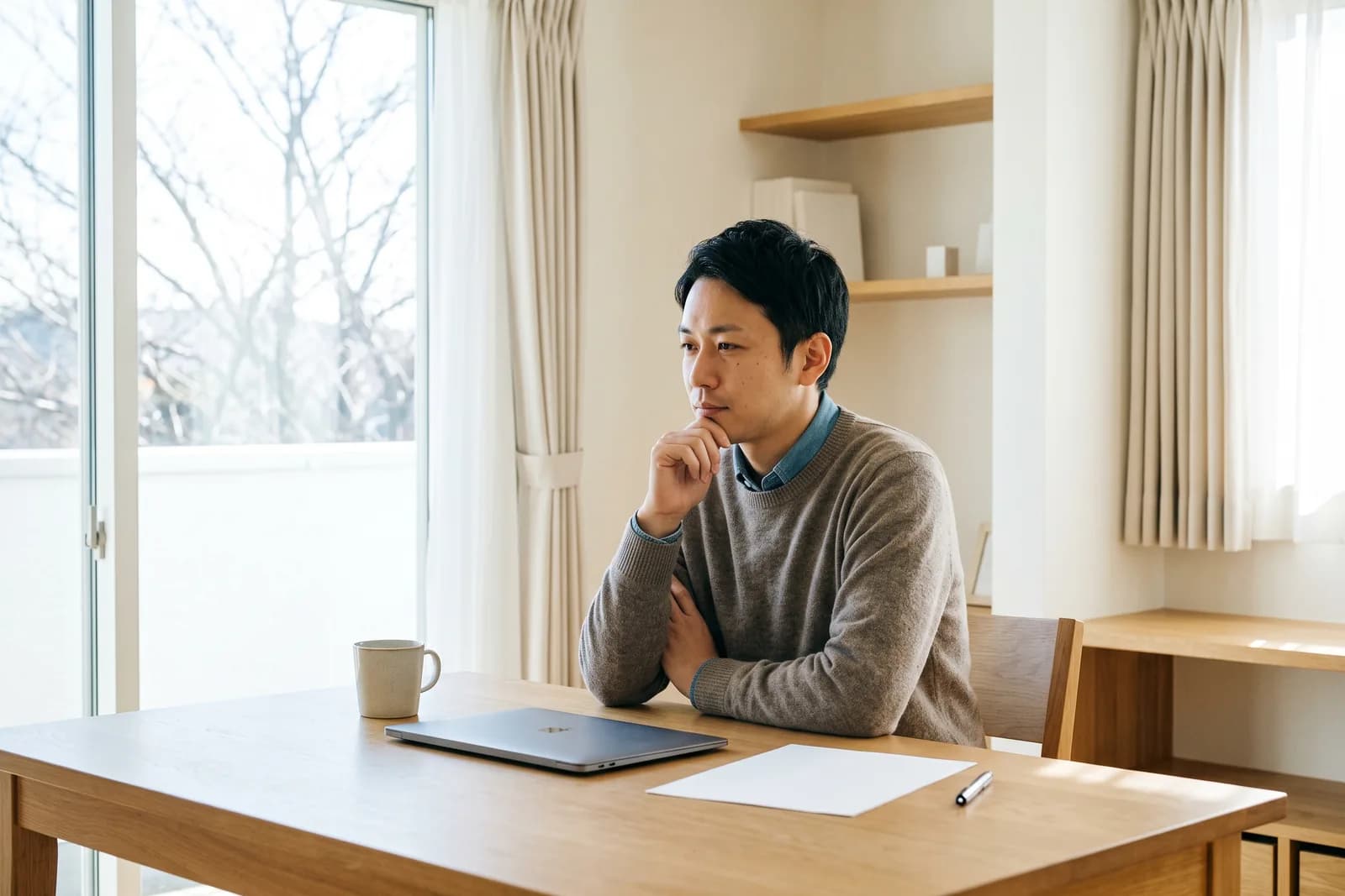 宅建の合格者が、自宅の書斎の机に向かって開業の手続きについて考えている様子