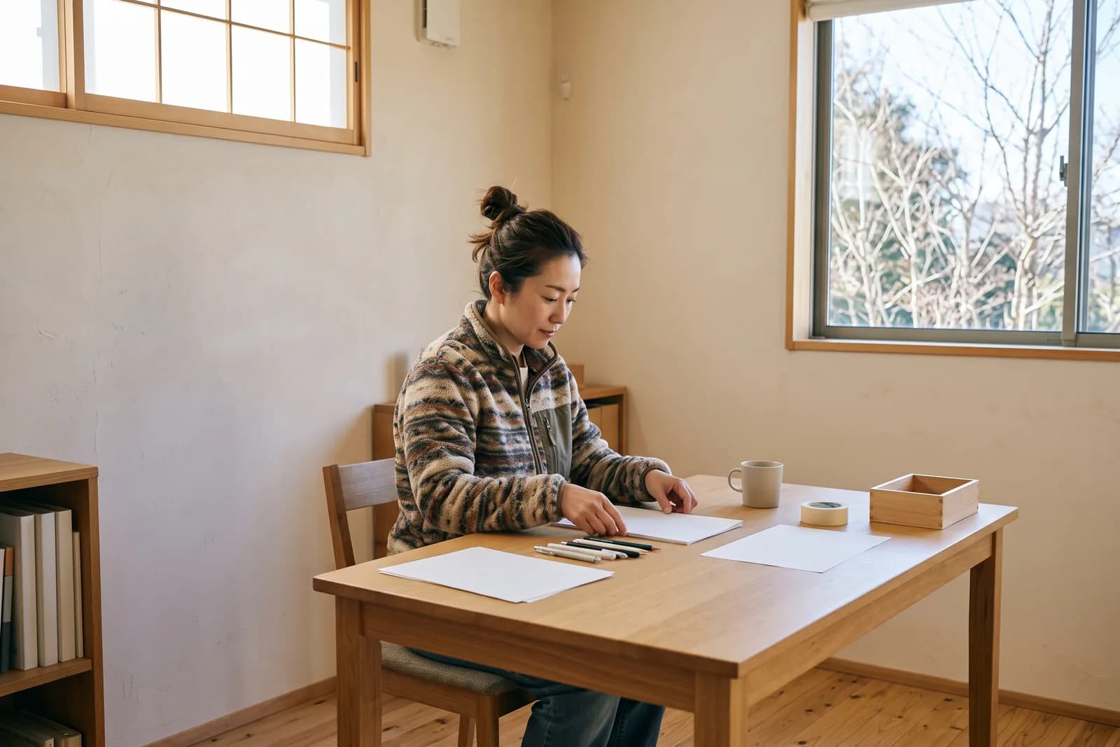 開業準備中の会社員大家が、事務所の机に向かって作業の準備をしている様子