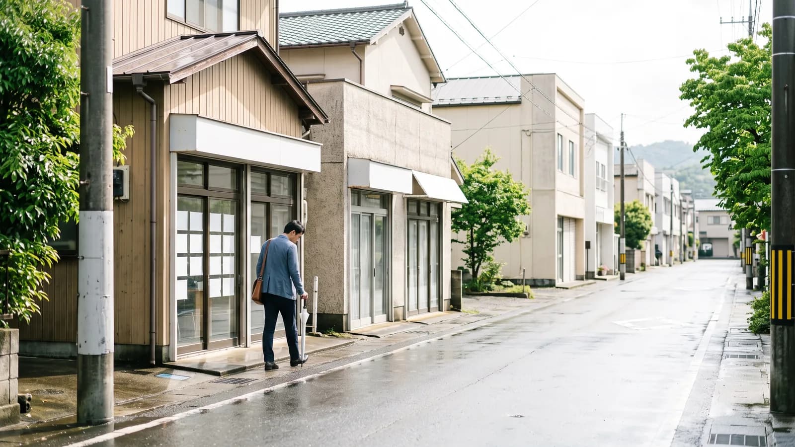 開業を考える会社員が、不動産店が並ぶ通りを歩きながら考え事をしている様子